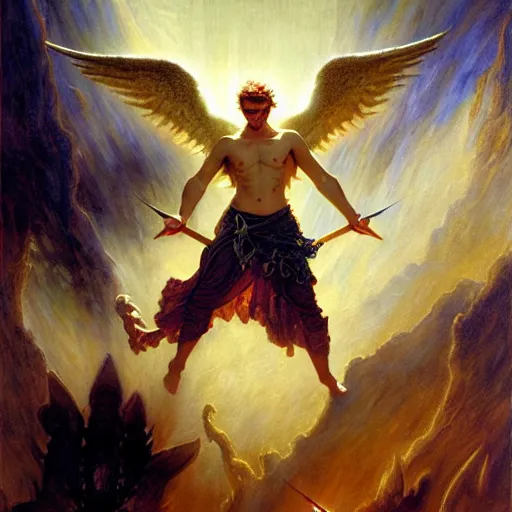 Image similar to attractive male lucifer morning star casting a spell summoning male demons, they rise from down bellow. highly detailed painting by gaston bussiere, craig mullins, j. c. leyendecker, 8 k