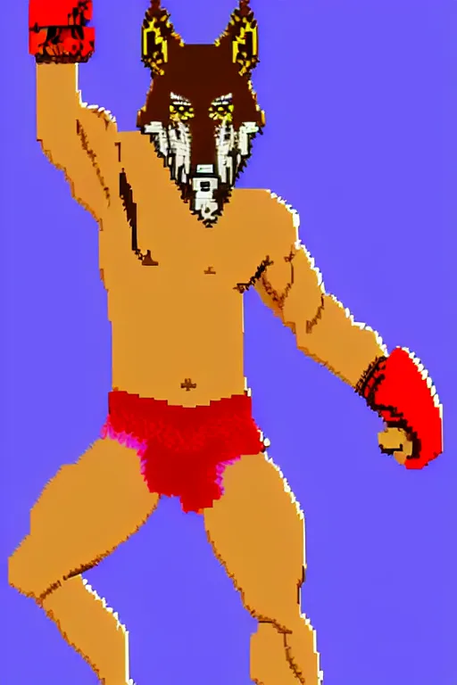 Image similar to full body shot antropomorphic muscular masculine wolf. kickboxer, in sport pants. wolf head. furr on body. 8 bit nes graphics. retrowave futuristic 8 0's