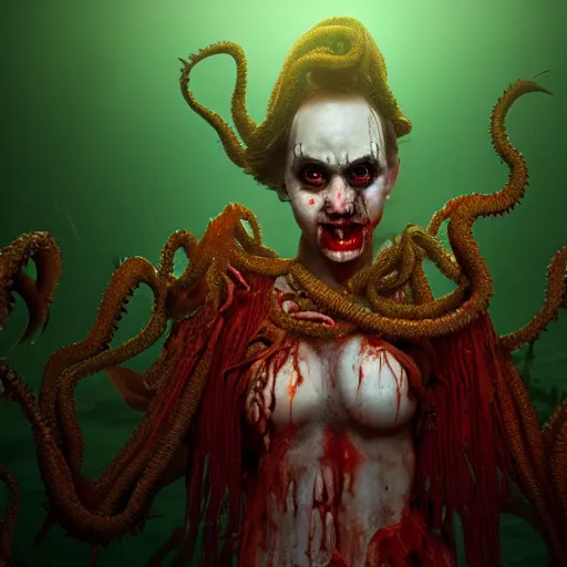 Prompt: beautiful, terrifying, demonic, clown, zombie, female with the body of a goddess, parasitic tentacles, in a underwater horror scene, cinematic lighting, ultra detail, photo realistic, 4k, octane render