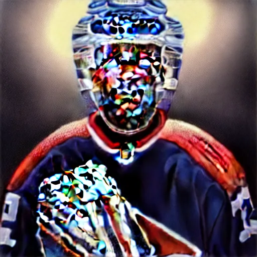 Image similar to beautiful portrait of hockey coach Clint Malarchuk, fantasy, intricate, elegant, highly detailed, digital painting, artstation, concept art, smooth, sharp focus, luxury fashion illustration, art by artgerm and greg rutkowski and alphonse mucha, brightly lit cinematic soft lighting, photorealistic