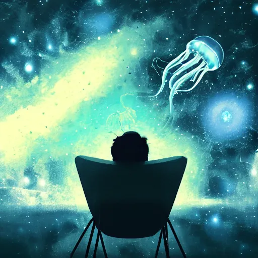 Image similar to over the shoulder photo of a man sitting on a chair while watching a magical glowing jellyfish in cosmic stardust, stars, galaxies, space, award winning photo, intricate, high detail, atmospheric, desolate, artstation