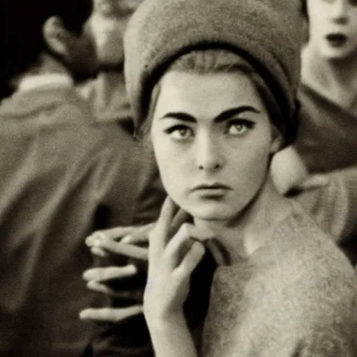 Image similar to still from a masterpiece 1 9 6 0 s french art film, beautiful girl in beret with large eyebrows sits in the far background with an angry expression, moody lighting, viewed from afar, cinematic shot, the camera is focused on a crowd of people