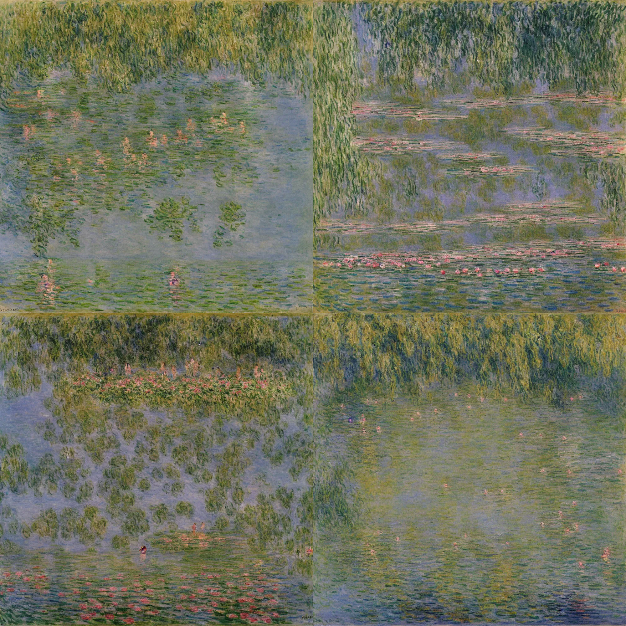 Image similar to women and men bathing in the lake, flowers and trees around the lake, morning, august, by Claude Monet