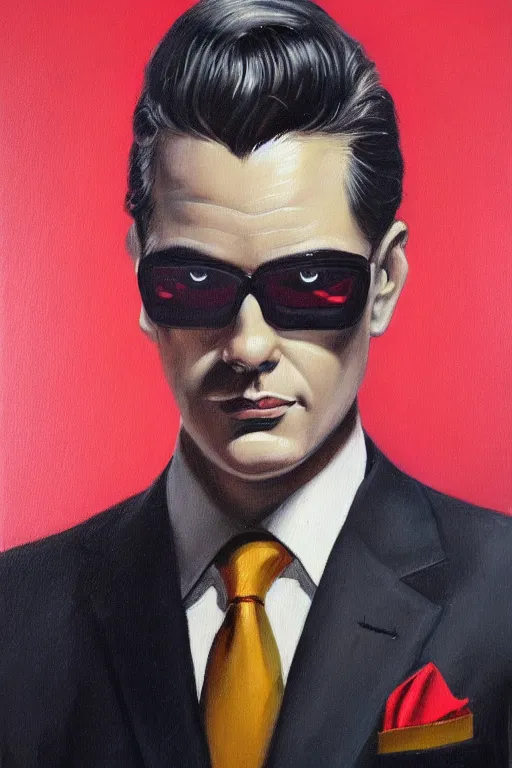 Prompt: a painting of a man wearing a suit and tie, a character portrait by Vladimir Tretchikoff, cyberpunk art by József Borsos, trending on Artstation, digital painting, digital illustration, vaporware