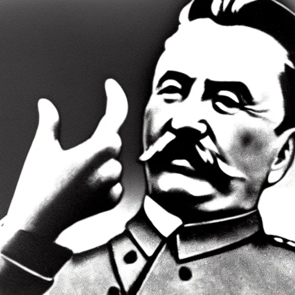 Prompt: stalin sits in front of a laptop, watching it and showing thumbs up on his left hand
