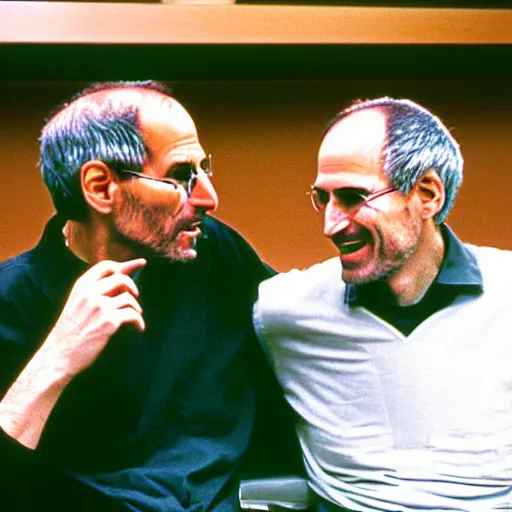 Prompt: photograph steve jobs discussing happier times with douglas adams on campus 1 9 8 8, healthy, in thomas ruff style, 3 5 mm ektachrome