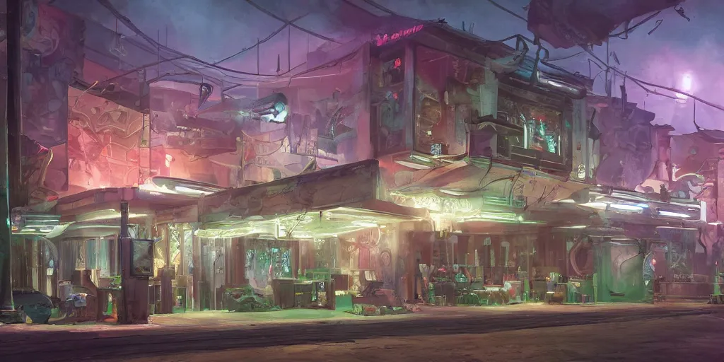 Prompt: stylized, exterior of night club, in watercolor gouache detailed paintings, raytracing, arcane, insanely detail, artstation, 8 k, futuristic, big medium small, simon stalenhag, props, furniture and decor, octane render, cinematic, screenshot, james gurney, ruan jia, comic style, first person shooter