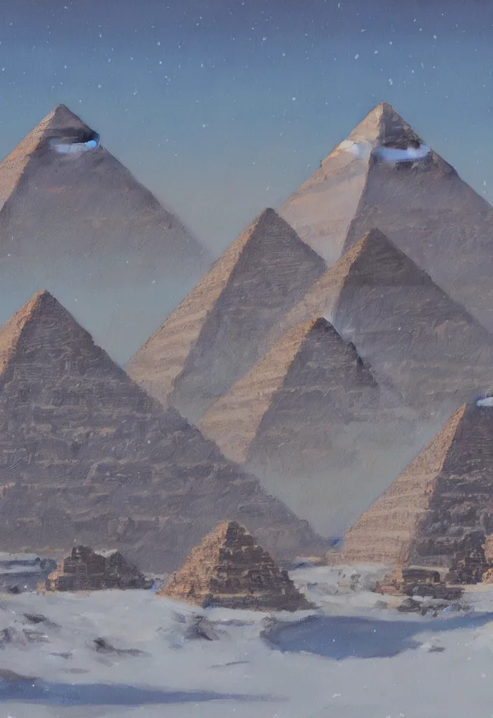 Image similar to the pyramids of egypt covered in snow, oil on canvas, fantasy, trending on artstation, digital art.