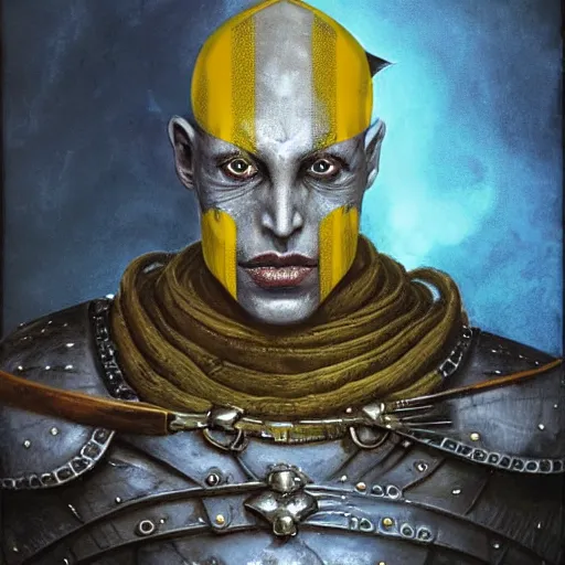 Image similar to ( ( ( head and shoulders portrait of a gaunt noseless yellow - skinned bald githyanki warrior in a breastplate, wielding a magical silver greatsword ) ) ), dave mckean, hr giger, peter mohrbacher, d & d, fantasy, medieval