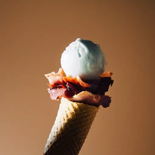 Prompt: a detailed photograph of a levitating ice cream cone made of bacon