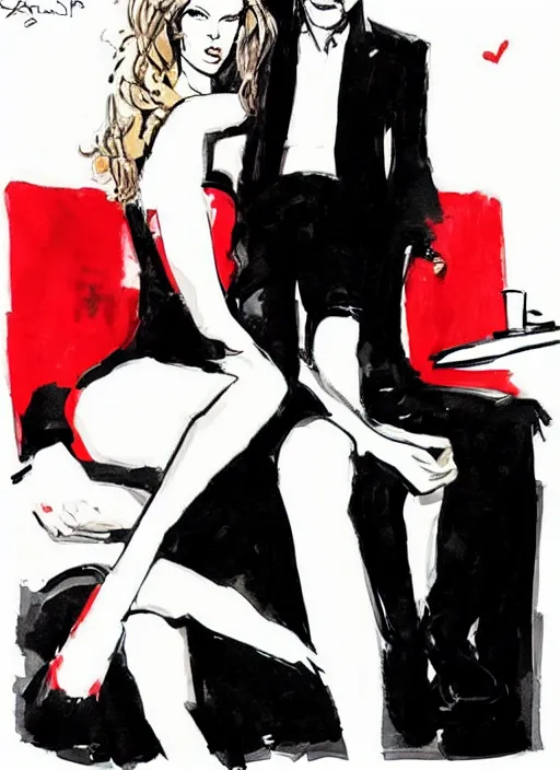 Prompt: george clooney wearing a formal black suit and kim basinger wearing a red dress in love sitting, in the style of ashley wood, in the style of ashley wood, wylie beckert, sam weber, joao ruas, kelsey beckett, james jean