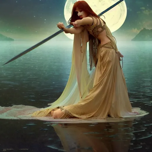 Prompt: a magic sword rising from the middle of a lake under a giant full moon, rippling reflections, romantic, cinematic, intricate, elegant, highly detailed, artstation, concept art, smooth, sharp focus, art by alphonse mucha and Monia Merlo and Raymond Swanland