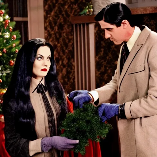 Image similar to An Hallmark movie about the Addams family. Mortician and Gomez trim a Christmas tree. Cinematic, technicolor, crisp