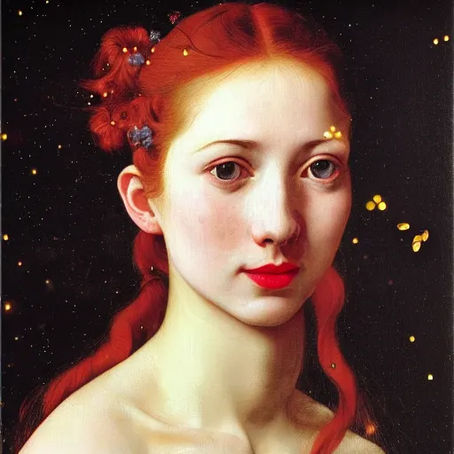 Prompt: portrait of a young woman, among the lights of golden fireflies and nature, long loose red hair, intricate details, green eyes, hint of freckles, round gentle face, happy cheeky smile with red lips, deep focus, smooth, sharp, golden ratio, hyper realistic art by artemisia lomi gentileschi and caravaggio and artgerm