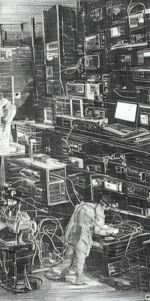 Image similar to An engraving of Max Ersnt in a datacenter, cables, pipes, oil, computers, 1929