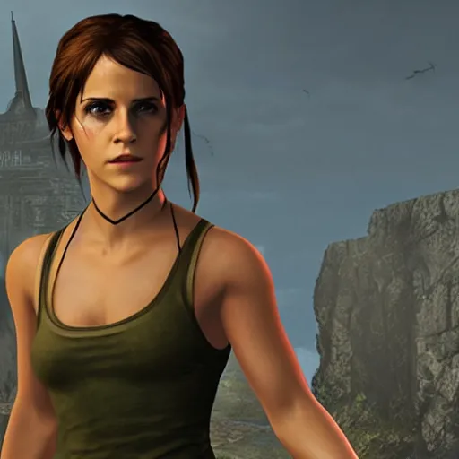 Image similar to Screenshot of Emma Watson as Lara Croft video game