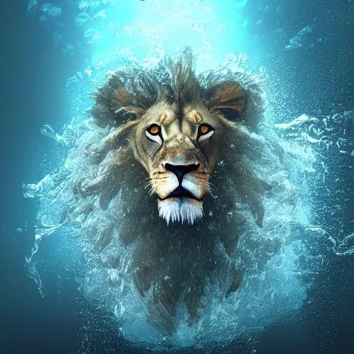 Image similar to a male lion's face breaching through a wall of water, headshot, water sprites, splashing, deep blue ocean, highly detailed, realistic digital art, trending on artstation