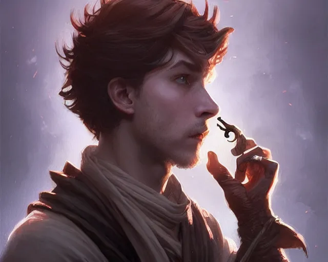 Image similar to young shadow mage male, holding a tobacco pipe, shrouded face, deep focus, d & d, fantasy, intricate, elegant, highly detailed, digital painting, artstation, concept art, matte, sharp focus, illustration, hearthstone, art by artgerm and greg rutkowski and alphonse mucha