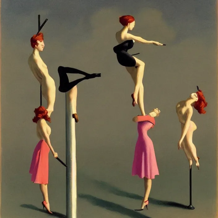 Image similar to pole dancing fairies in the style of Edward Hopper and Rene Magritte, highly detailed