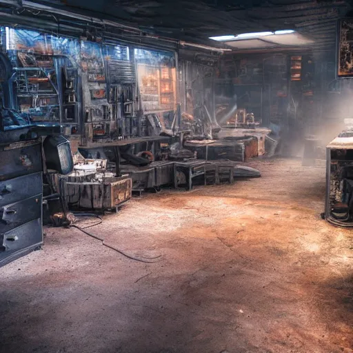 Image similar to original commodore 6 4, dark messy smoke - filled cluttered workshop, dark, dramatic lighting, orange tint, cinematic, highly detailed, sci - fi, futuristic, movie still