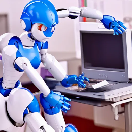 Image similar to photo of figma figures inside a diorama of a laboratory : : a cute female robot in the style of mega man with long hair is repairing computers. she is being helped by a companion robot.