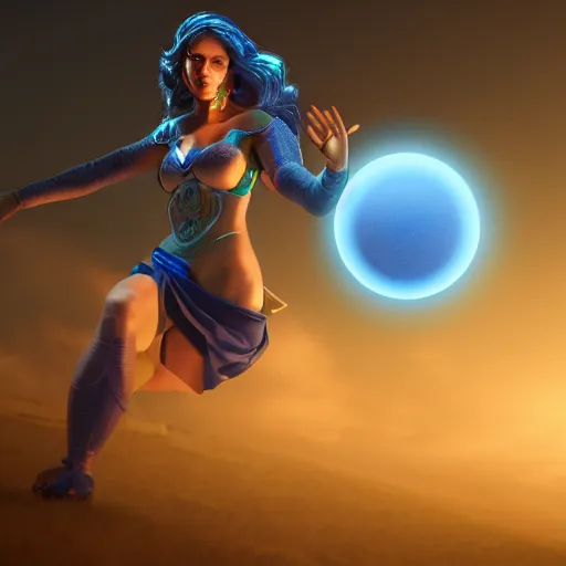 Image similar to a powerful goddess woman floating with a glowing orb of blue power in her hand, trending on artstation, colourful, powerful, dark, mysterious, maximalist, full body shot, japanese, unreal engine 5