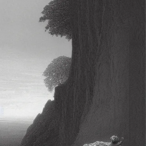 Image similar to A lonely woman, distant city, forest, cliff, illustration by Paul Gustave Doré