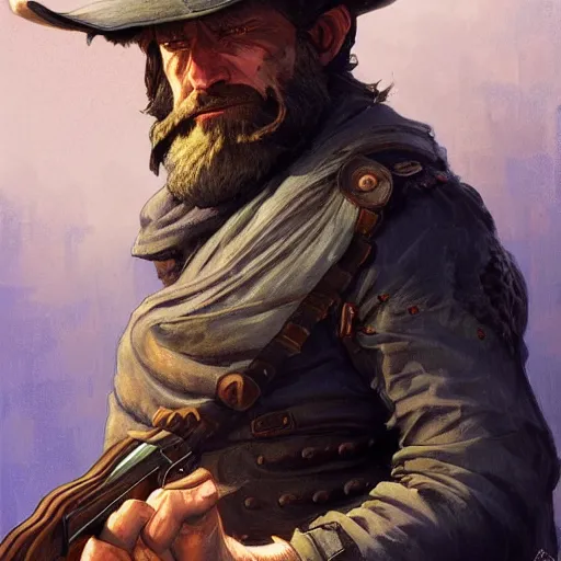 Image similar to bearded gunslinger, painted fantasy character portrait, headshot, fantasy, highly detailed, digital painting, artstation, concept art, sharp focus, illustration, art by the golden age of American illustration archive, simon bisley and frank frazetta, artgerm and greg rutkowski and alphonse mucha