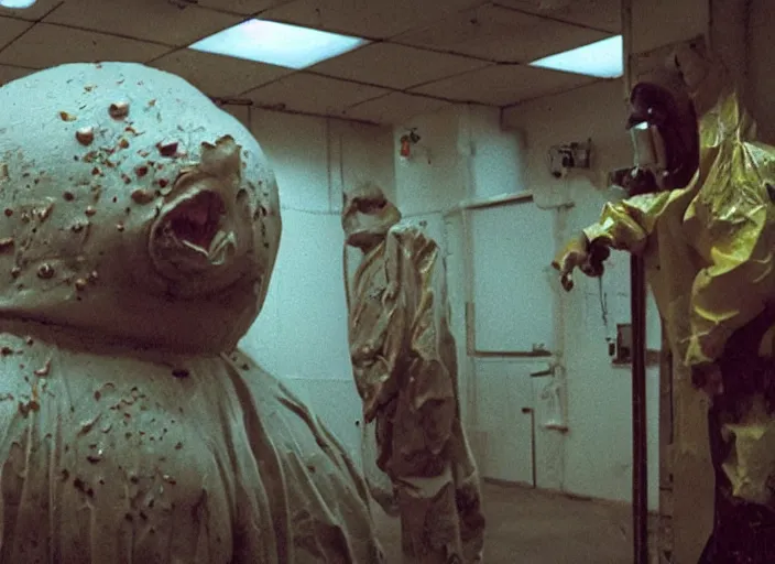 Prompt: a huge blobby flesh creature grows out of control in a grungy science lab, horror movie scene, a man in a hazmat suit