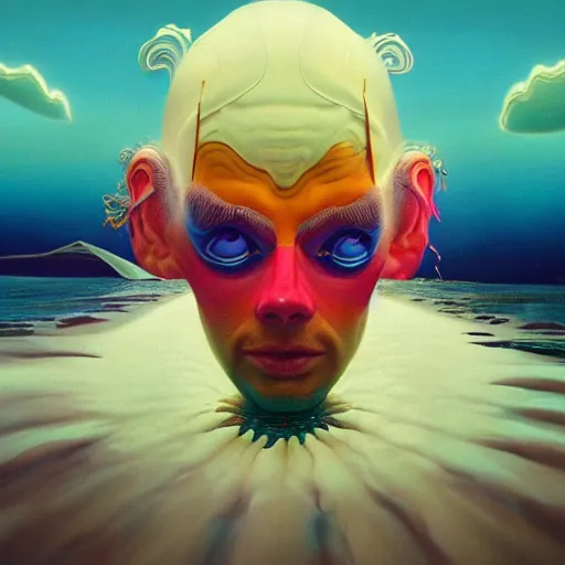 Image similar to colourful breathtakingly weird beautiful powerful magical wonderfully majestic beautifully cool character closeup by michael whelan and moebius and beeple and dan mcpharlin and pascal blanche and jamie hewlett and richard dadd, symmetrical, extreme close up with a serene expression, magical stormy reflections, smoke on water, 8 k artstation