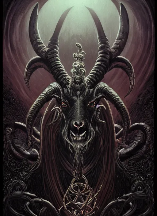 Image similar to elden ring themed undead baphomet goat icon tarot card portrait, malevolent gaze, doom aesthetic, religious, sinister, ornate, intricate, beautifully backlit, subtle tones, digital painting, concept art, smooth, sharp focus, illustration, art by josan gonzalez, greg rutkowski, killian eng and zdizslaw beksinski