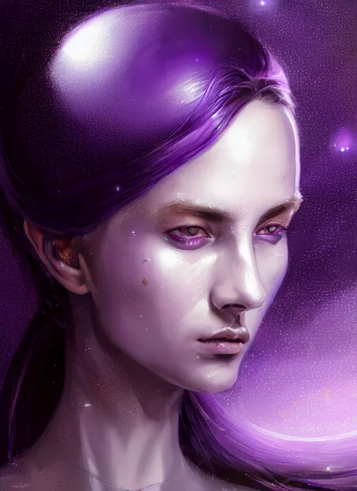 Image similar to top down lighting, extreme close up, stunning portrait of a woman in purple leather future armor with a long black ponytail, white eyes, with space and stars around her, spaceship hallway, intricate, mood lighting, highly detailed, digital painting, artstation, concept art, smooth, sharp focus, illustration, art by wlop, mars ravelo and greg rutkowski