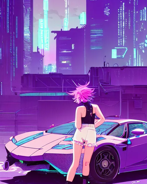 Image similar to digital illustration of cyberpunk pretty girl with blue hair, looking at a purple lamborghini, in junkyard at night, by makoto shinkai, ilya kuvshinov, lois van baarle, rossdraws, basquiat