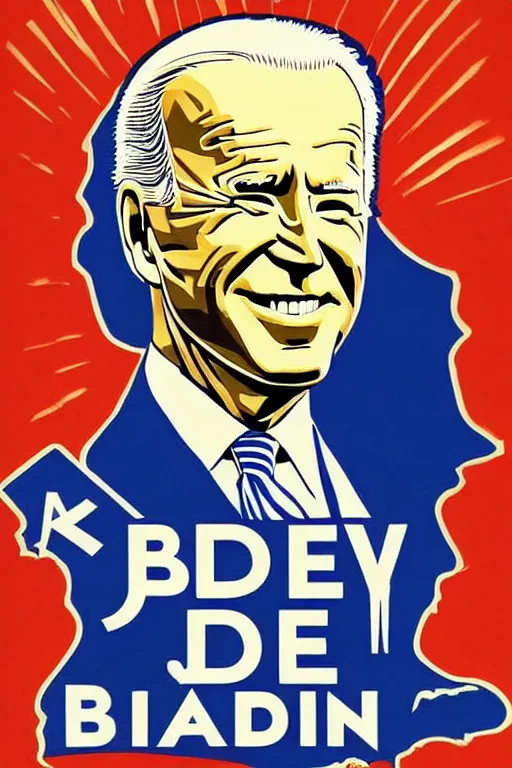 Image similar to joe biden!!!!! propaganda poster by harry ryle hopps!!!!!!!! smile, creepy!!, donald trump shitting his pants, joe biden smug face!!!! poop!!! ww 2 poster,, iconic, masterpiece, ornate and detailed, propaganda, award winning