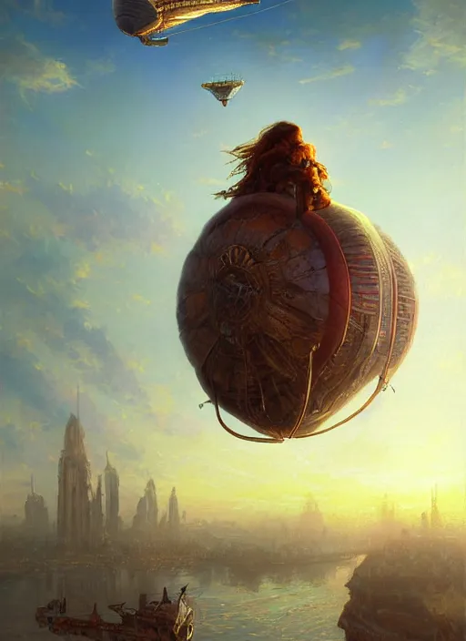 Prompt: portrait painting of a handsome face rugged long hair crimson hair male capitain, top half portrait soft hair steampunk ornate mechanical zeppelin blimp airship in the background sky sunset golden hour fantasy soft hair deviantart book cover art dramatic volumetric lighting art by wlop greg rutkowski gaston bussiere