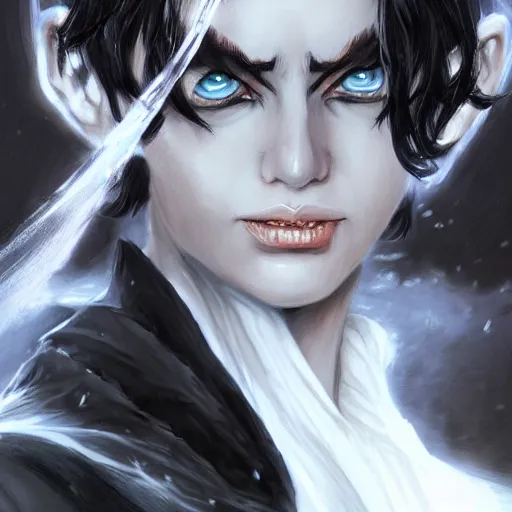 Image similar to evil grumpy dark haired women, ice mage, medium shot, by travis charest, black coat, black makeup,, shooting ice, fantasy artwork, fantastic artwork, 4 k, trending on artstation