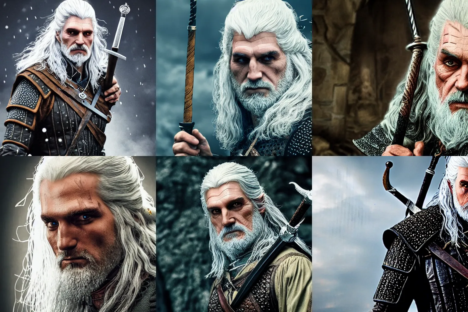 Prompt: gandolf as the witcher, gritty portrait, trending, film still