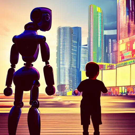 Prompt: 3 d illustration of a robot and a child, cyberpunk city in the background, cinematic, 8 k, ultra realistic