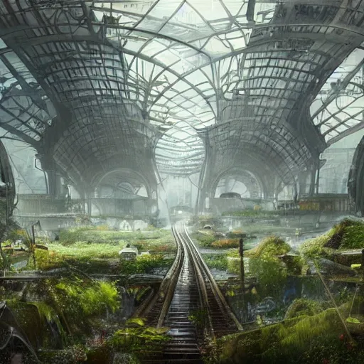 Image similar to lost beautiful overgrown city futuristic fantasy mixed with polluted industrial city airport and train station