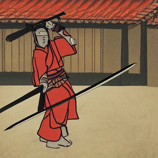 Image similar to samurai with helmet and sword in fighting position, asian styled house in background