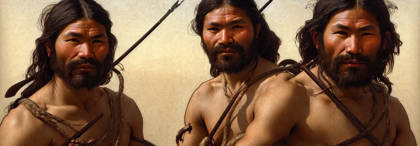 Image similar to renaissance upper body portrait of a gruff ranger with a spear, Inuit Eskimo First Nation, lean and toned, handsome face, hairy chest, D&D, intricate, elegant, highly detailed, digital painting, artstation, concept art, matte, sharp focus, illustration, art by da Vinci, Artgerm and Greg Rutkowski and Alphonse Mucha