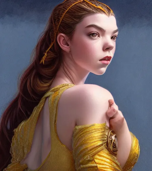 Prompt: Anya Taylor-Joy wearing gold, highly detailed, centered, digital painting, artstation, concept art, smooth, sharp focus, illustration, art by artgerm and donato giancola and Joseph Christian Leyendecker, Ross Tran, WLOP