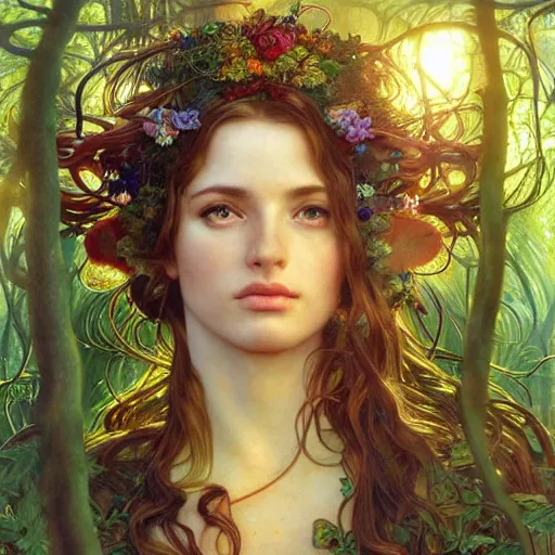 Prompt: face portrait of a beautiful alluring female nature spirit goddess in a dense forest at sunset, detailed, centered, digital painting, artstation, concept art, donato giancola, Dante Gabriel Rossetti, alphonse mucha, Joseph Farquharson, Joseph Christian Leyendecker, WLOP, Boris Vallejo, Breathtaking, 8k resolution, extremely detailed, beautiful, establishing shot, artistic, hyperrealistic, beautiful face, octane render