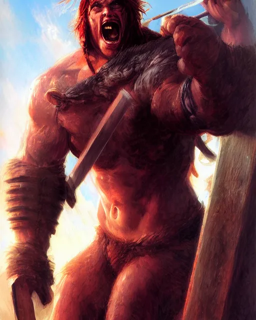 Prompt: a portrait of strong and handsome young barbarian, screaming, ready to fight, by Ross Tran and Thomas Cole and Wayne Barlowe