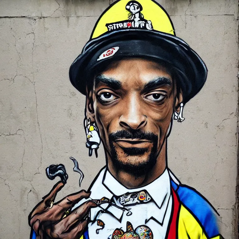 Image similar to Street-art portrait of Snoop Dog as a Pokemon Trainer in style of Banksy, photorealism