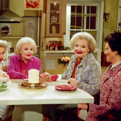 Prompt: betty white in golden girs ( tv ) eating cheesecake in the kitchen with her friends.