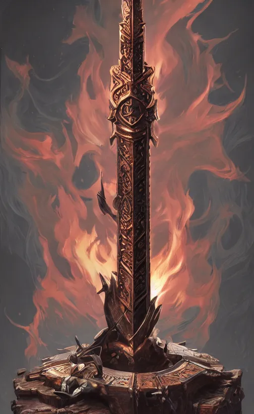 Prompt: dagger with symmetrical dagger features is legendary artifact posed on wooden stand, flames and smoke, library background, front game card, drark, marvel comics, dark, intricate, highly detailed, smooth, artstation, digital illustration by ruan jia and mandy jurgens and artgerm and wayne barlowe and greg rutkowski and zdislav beksinski