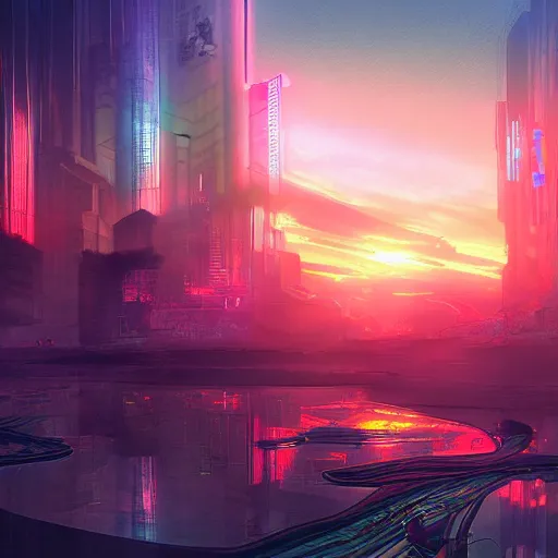 Image similar to beautiful sunrise in dreamscape cyberpunk arstation