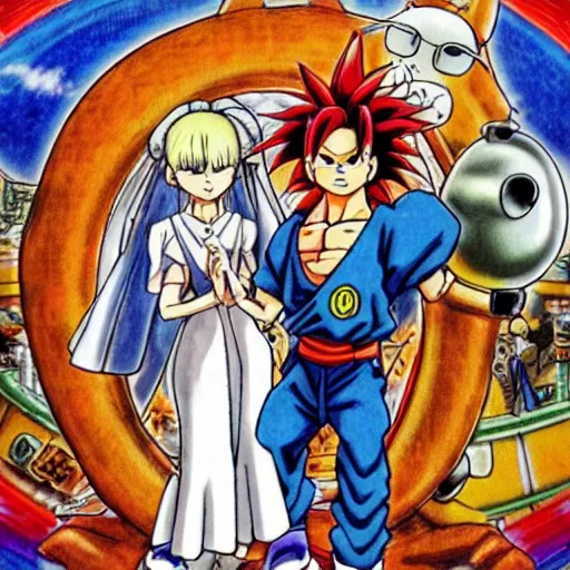 Image similar to an anime image drawn by akira toriyama that depicts a wedding