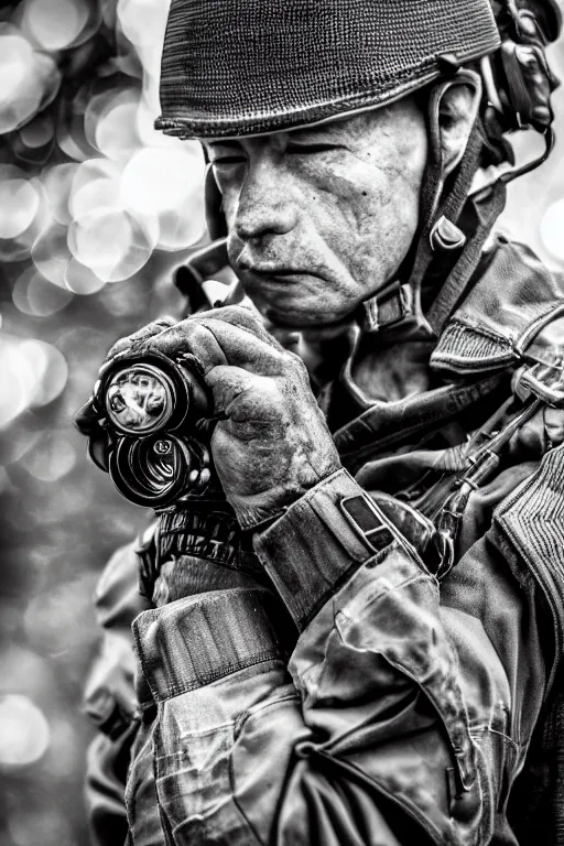 Prompt: action photography, long shot, award winning macro photo of an ultra detailed photogroup of ww 2 veteran, dramatically lighting, fast shutter speed, motion blur, tiny gaussian blur, highly detailed, bokeh, studio photos, highly intricate, depth of field, national geographic